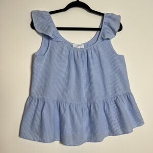 Kaileigh Ruffle Shoulder Sleeveless Crinkle Peplum Blue White Striped Top Size S